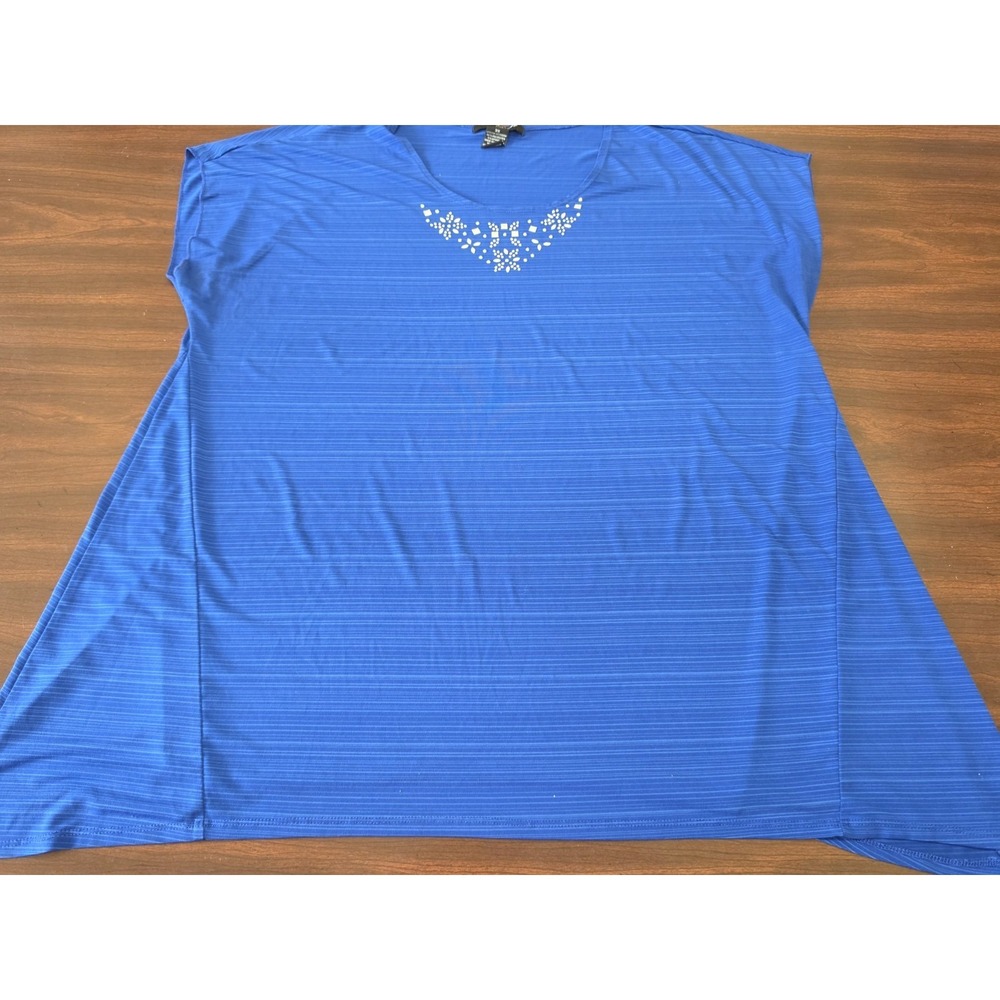 Elie McCarthy Woman Top 3X Blue Studded Neckline Short Sleeve Stretch Blouse